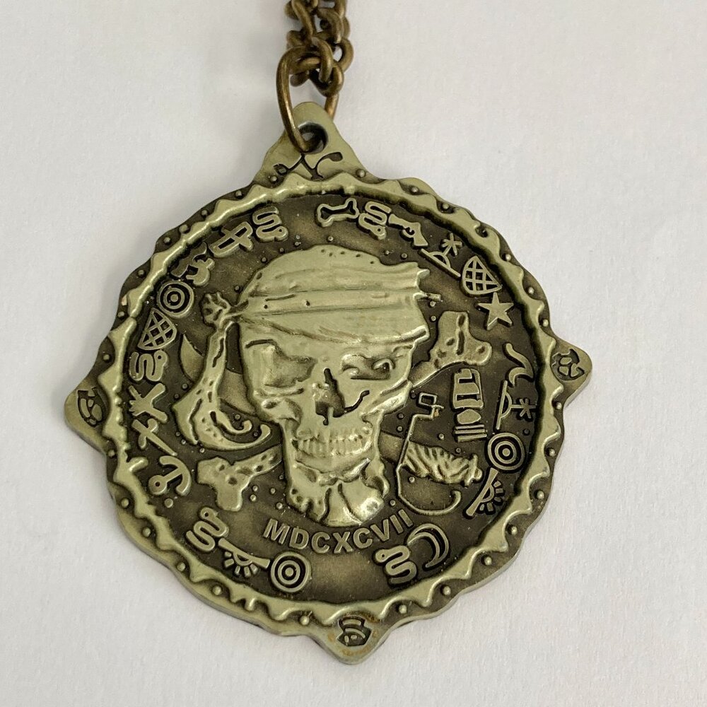 Disney Gold Pirate League Skull Medallion Vintage Necklace - Picture 2 of 9